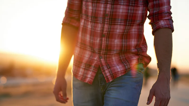 Man in red plaid shirt and jeans walking on beach at sunset