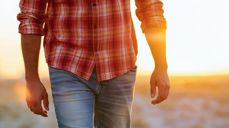 Man walking outdoors at sunset wearing red plaid shirt and jeans