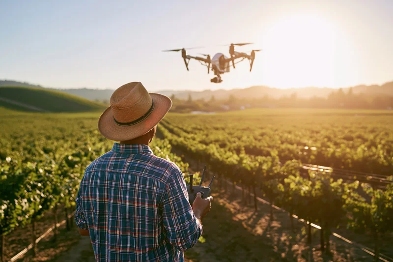 Man in straw hat operating drone over vineyard rows at sunset