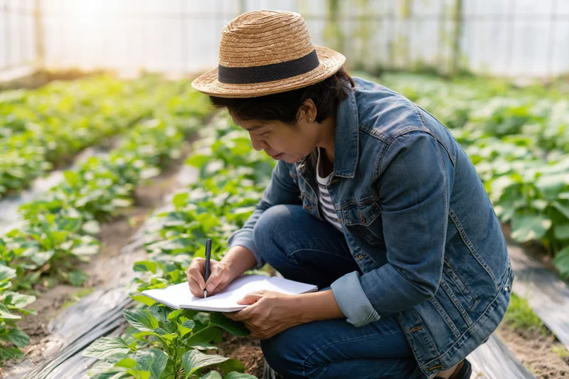 Woman crouching in greenhouse writing notes on notebook among rows of green plants