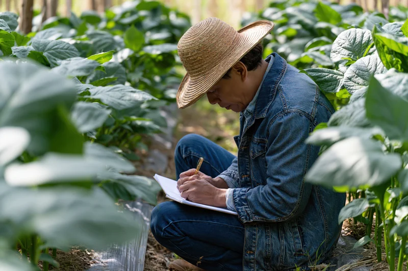 Farmer crouching in a vegetable field writing notes in a notebook