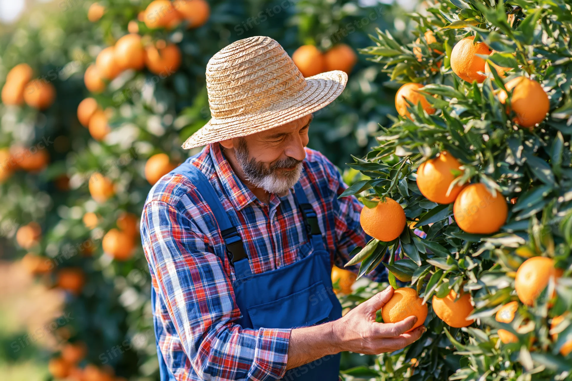Senior man in straw hat and overalls inspecting oranges on a tree in an orchard