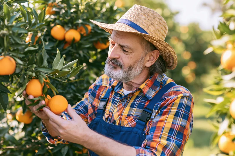 Senior man inspecting oranges on a tree in an orchard