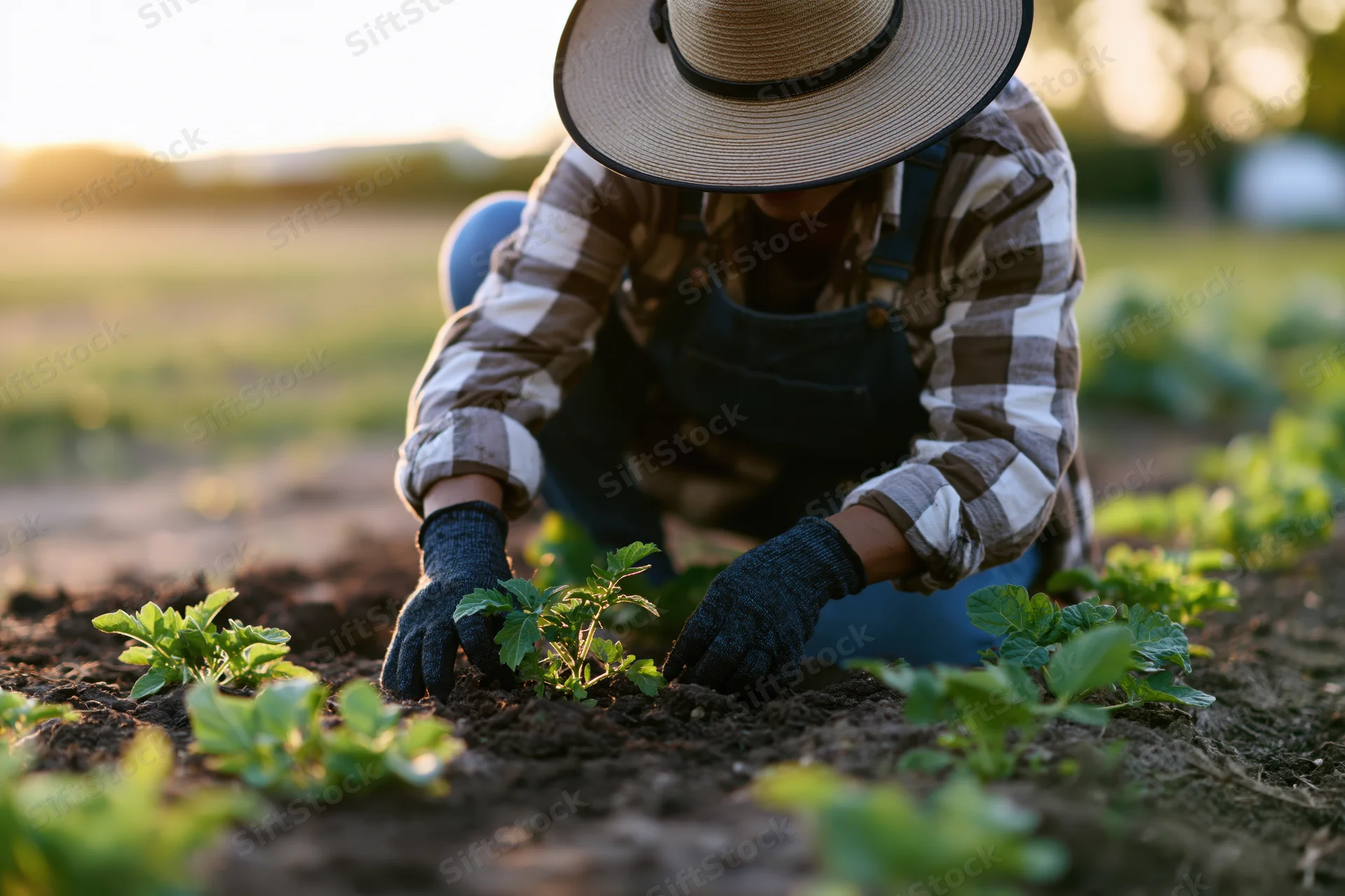 Woman planting seedlings in a field wearing a straw hat and gloves