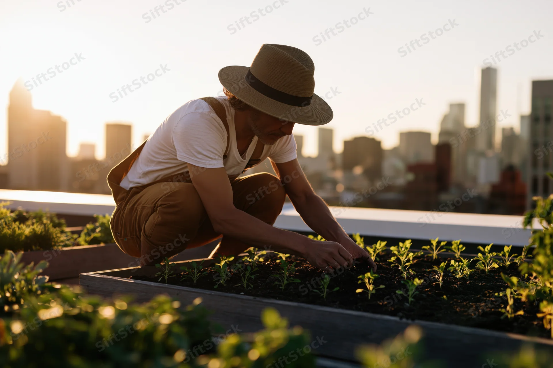 Man crouching to tend seedlings in a wooden planter on a rooftop with city skyline at sunset
