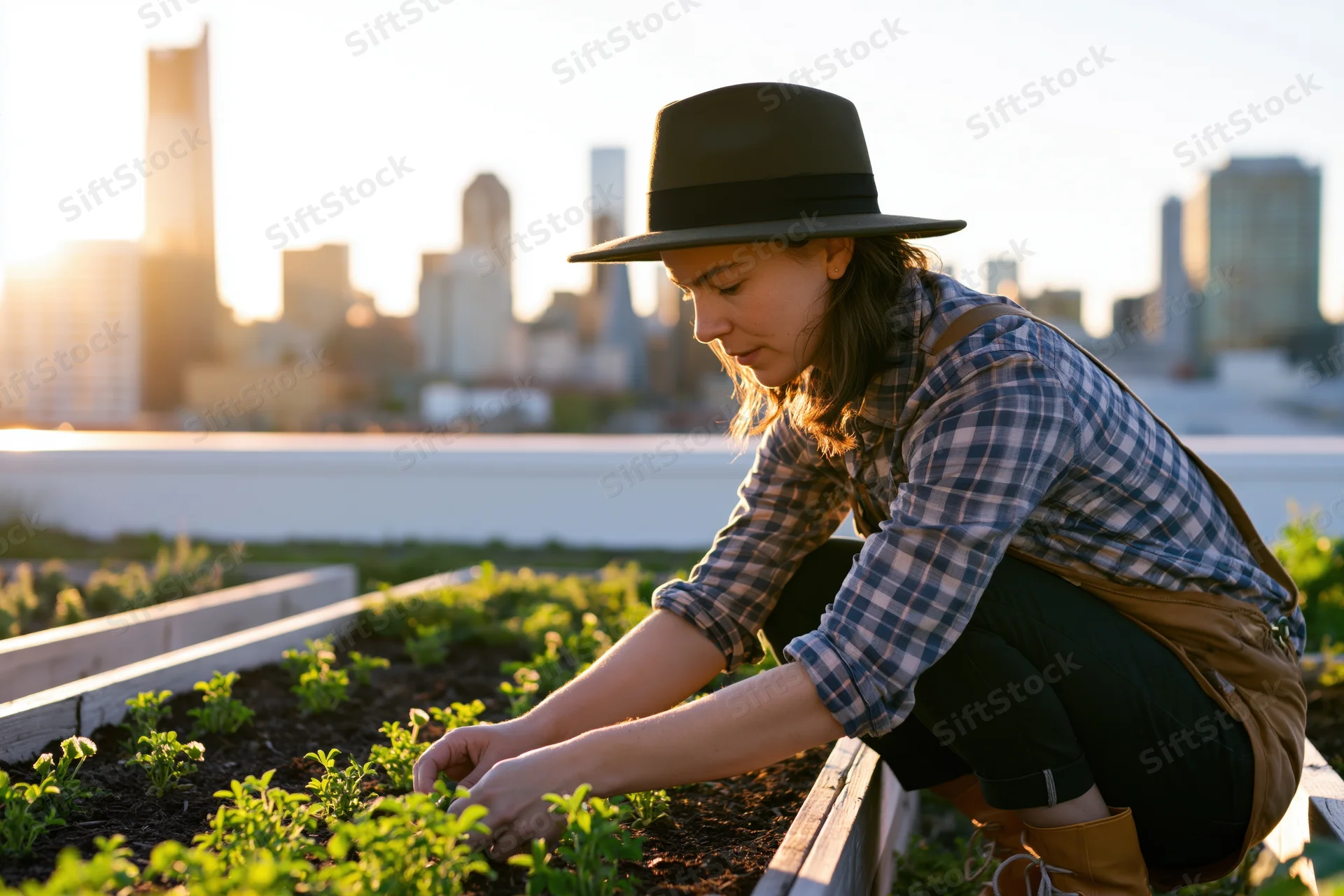 Woman crouching to tend seedlings in a rooftop garden with city skyline in background
