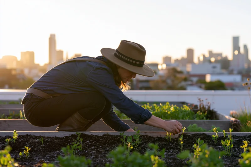 Woman crouching to tend seedlings in a rooftop garden with city skyline in background