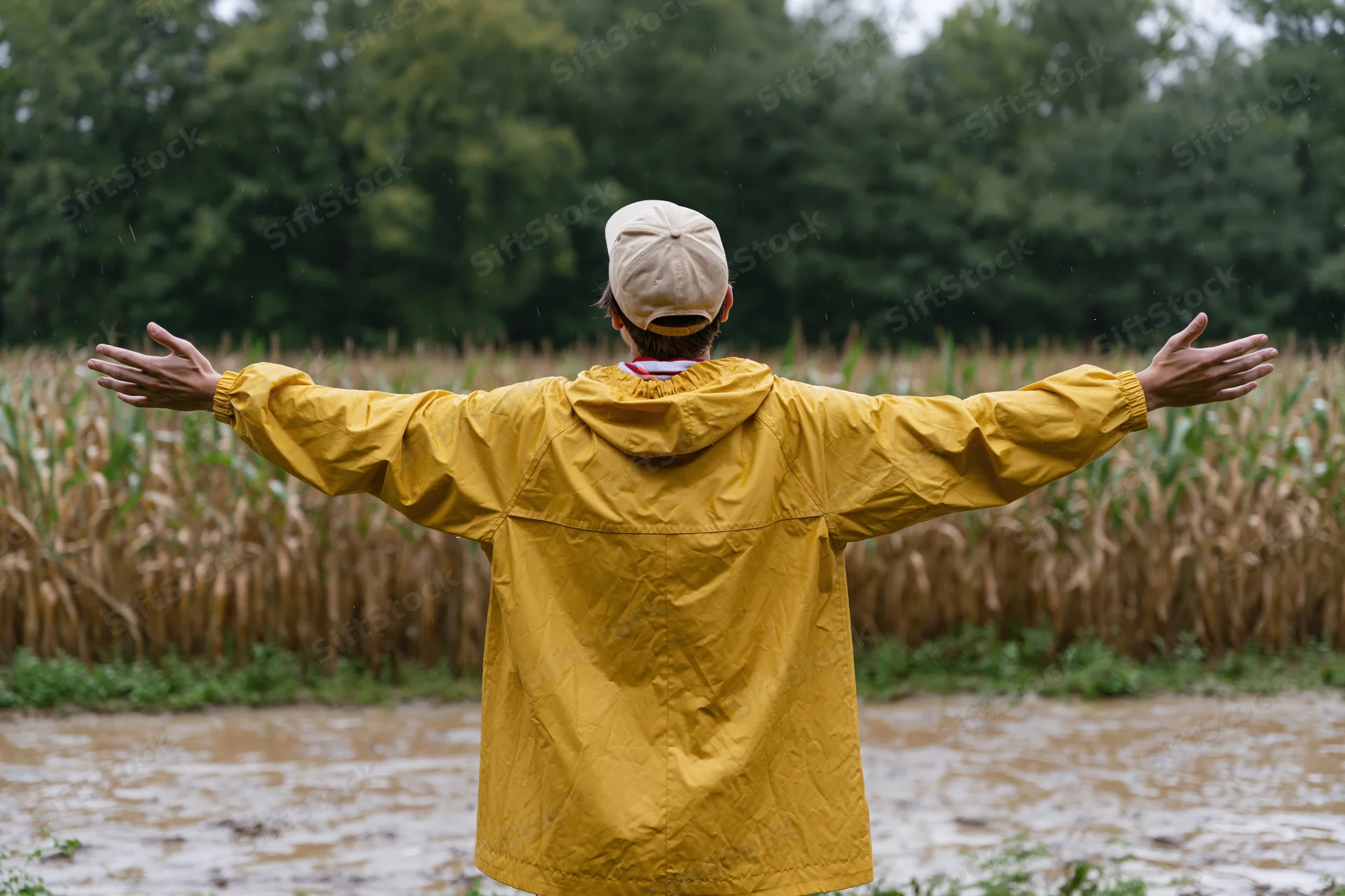 Man in yellow raincoat with arms outstretched standing in muddy field near cornfield during rain