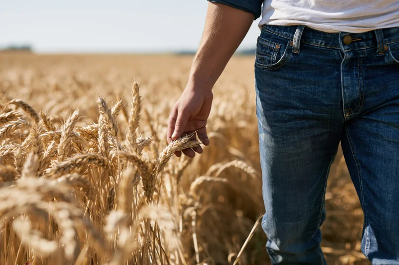 Man touching wheat stalks in a golden field during summer harvest