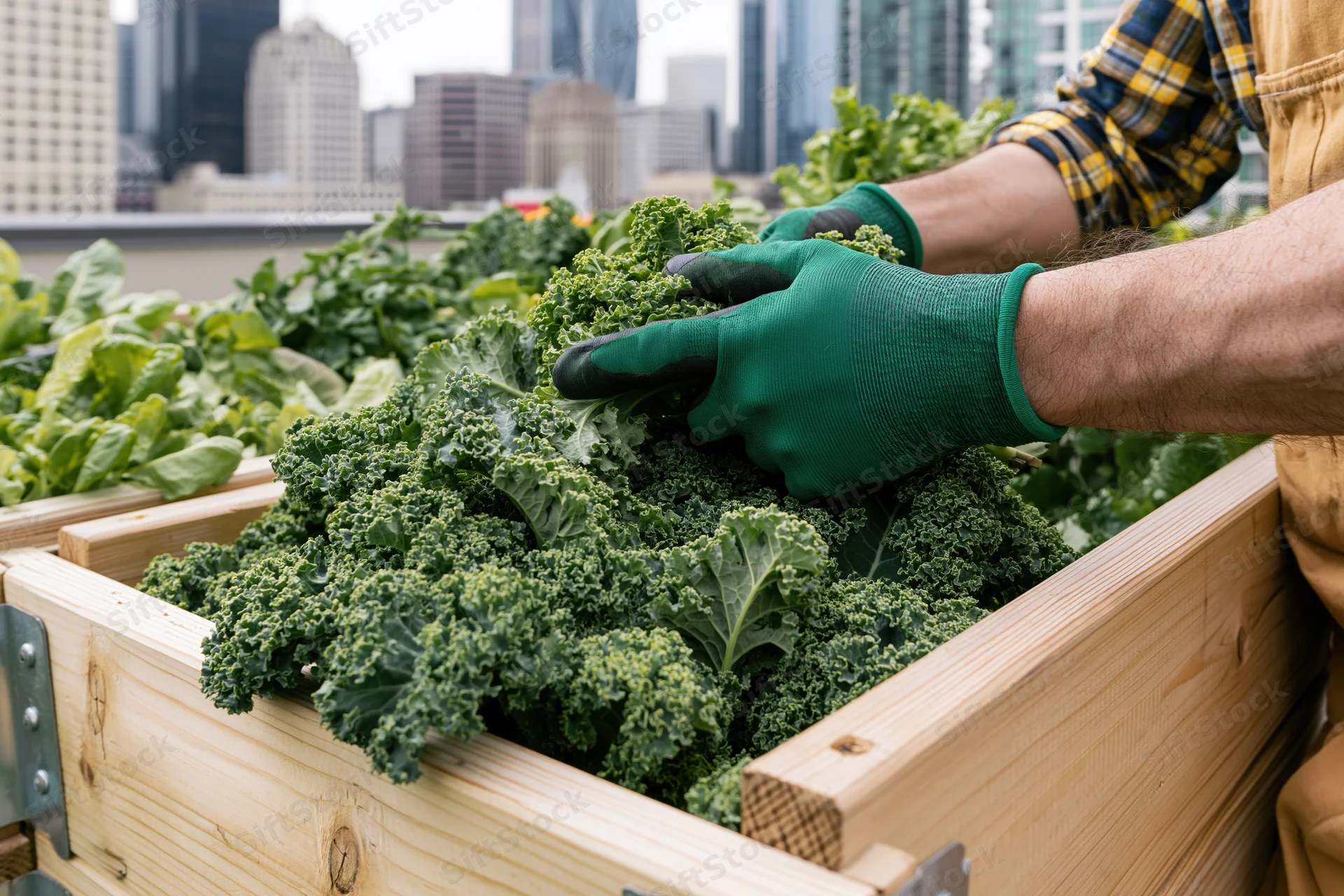 Hands in green gloves harvesting kale from a wooden box on a rooftop farm with city skyline in background