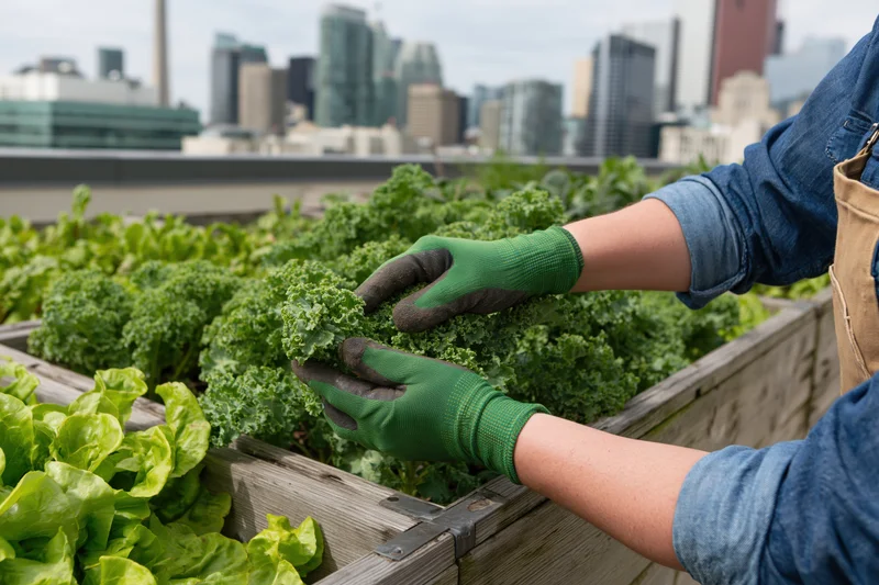 Woman tending kale in wooden planters on a rooftop garden with city skyline in background