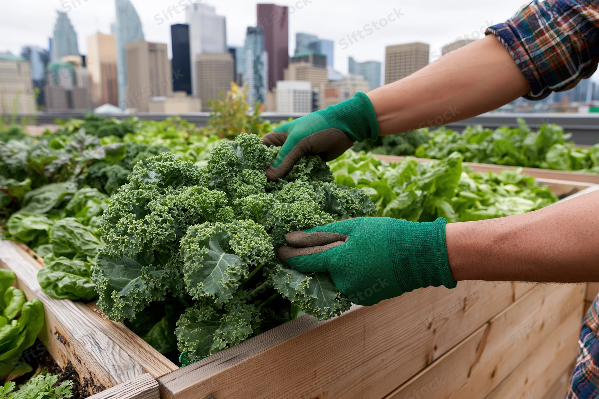 Hands in green gloves tending kale in a wooden planter on a rooftop garden with city skyline in background