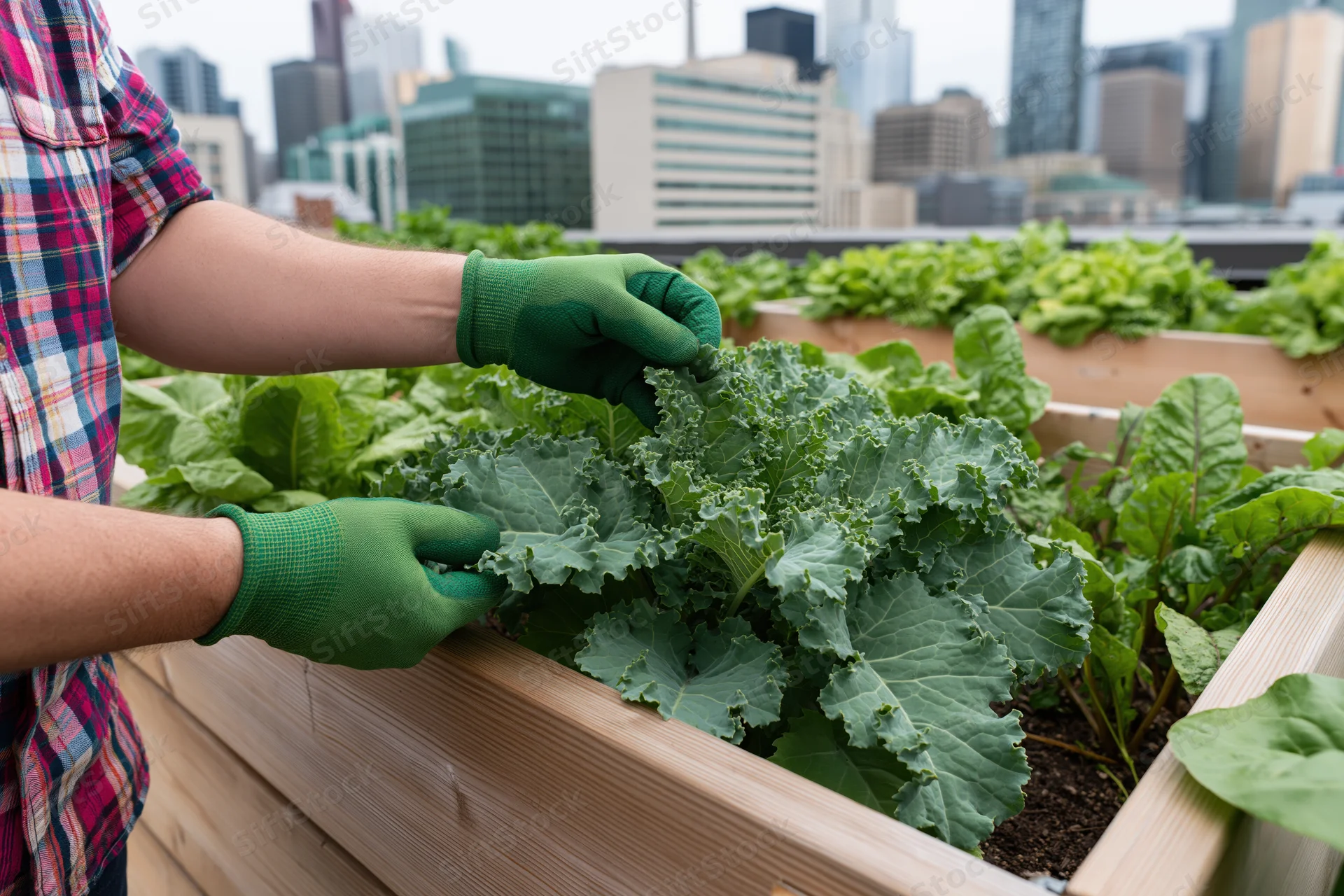 Person tending kale in a wooden planter on a rooftop garden with city skyline in background