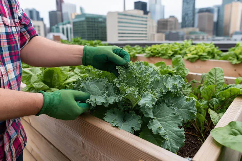 Person tending kale in a wooden planter on a rooftop garden with city skyline in background