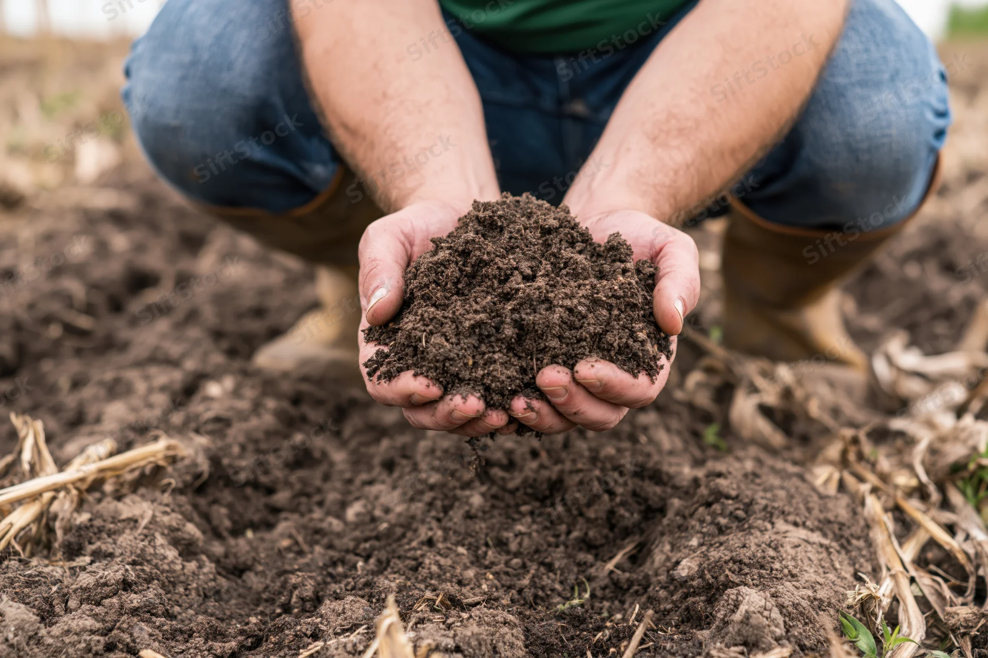 Farmer crouching in a field holding soil in hands