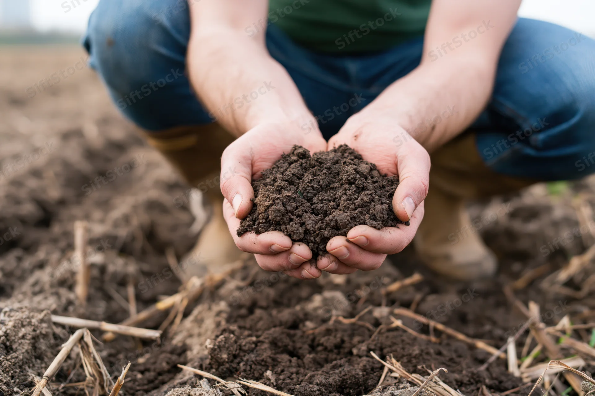 Farmer holding soil in hands in a cultivated field