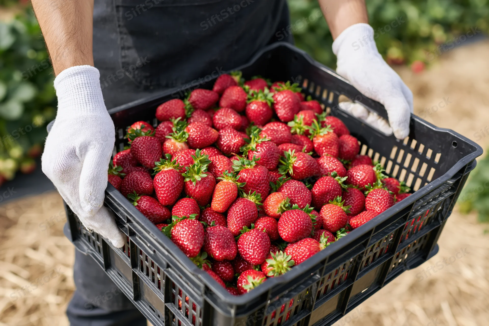 Farmer holding a basket of fresh strawberries in a field