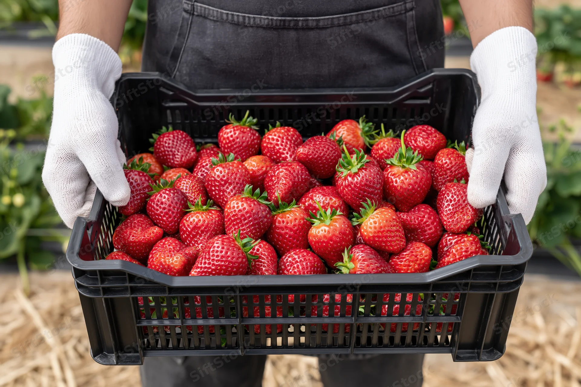 Farmer holding a black basket full of fresh strawberries in a strawberry field