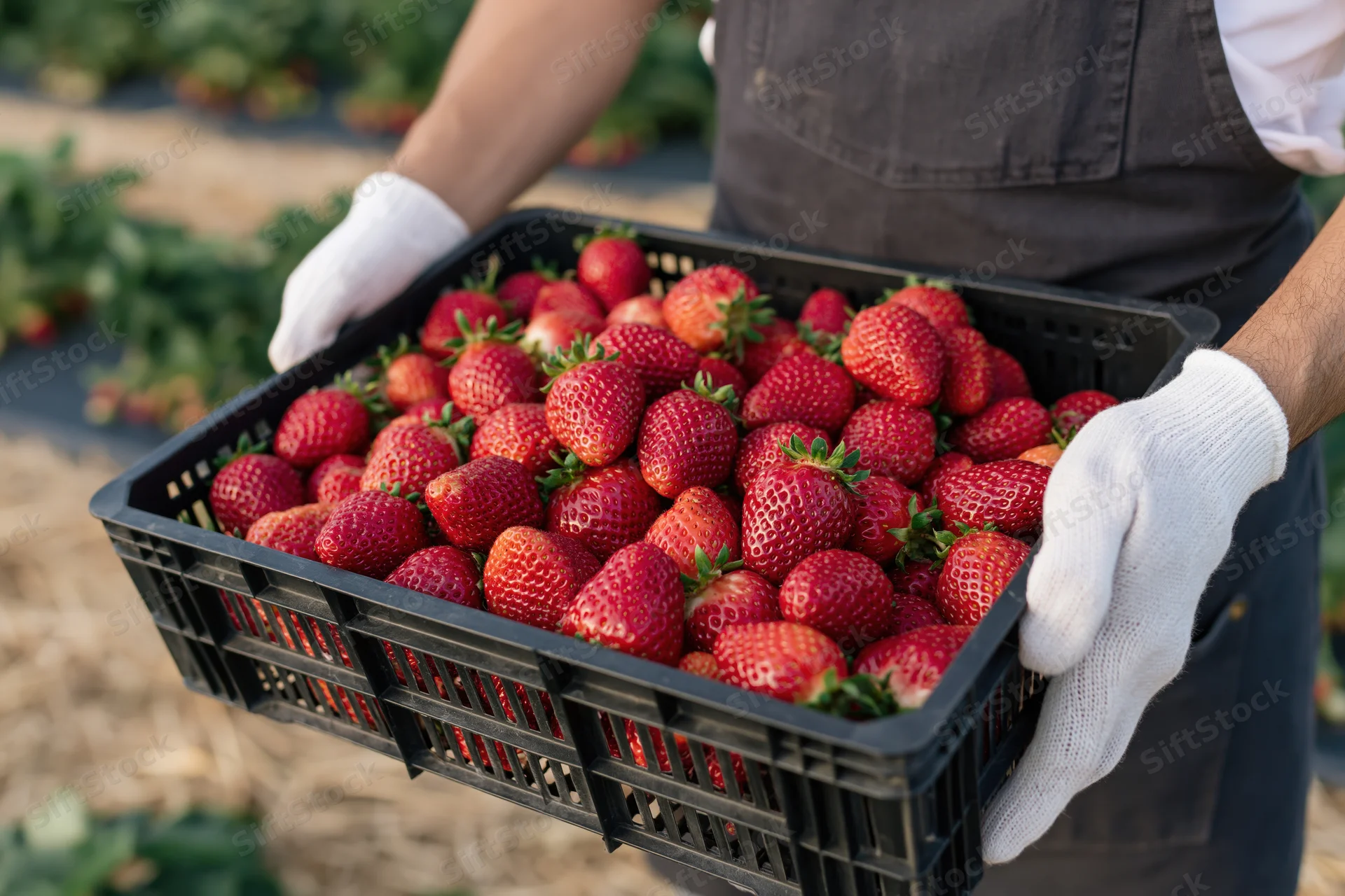 Farmer holding a basket of fresh strawberries in a field