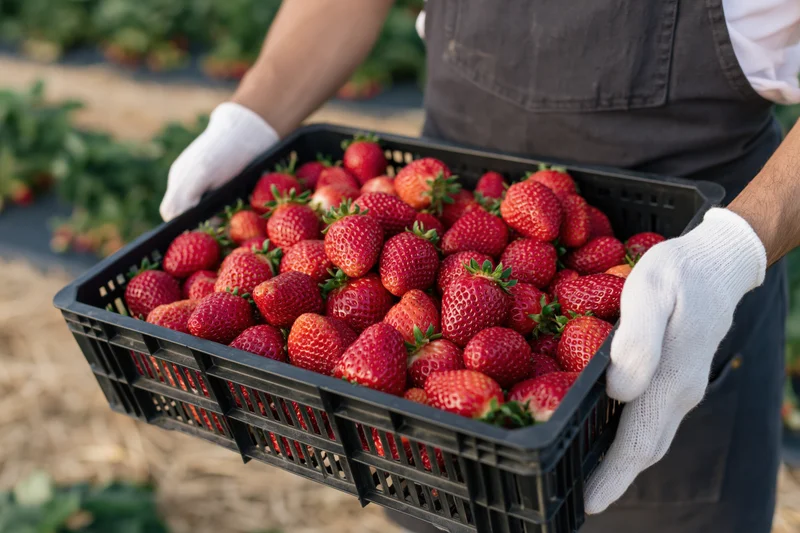 Farmer holding a basket of fresh strawberries in a field