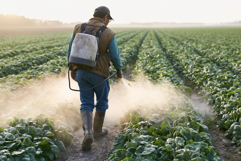 Farmer spraying crops with backpack sprayer in a lettuce field at sunrise