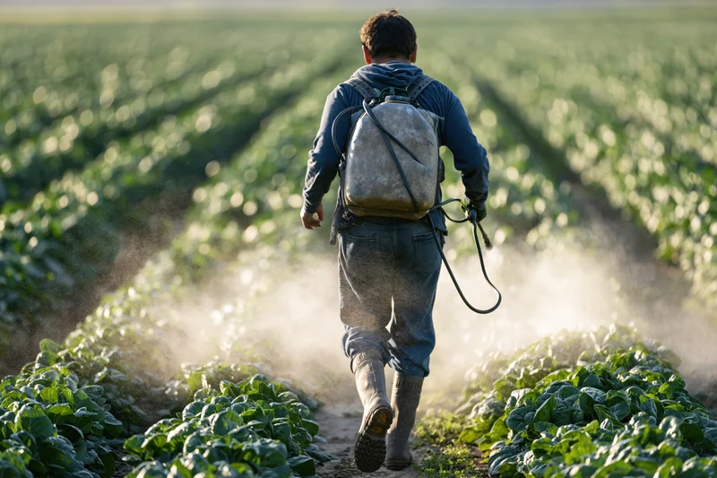 Farmer spraying crops in a field with a backpack sprayer