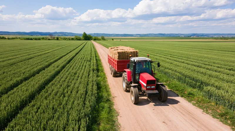 Red tractor pulling hay bales on dirt road through green wheat field