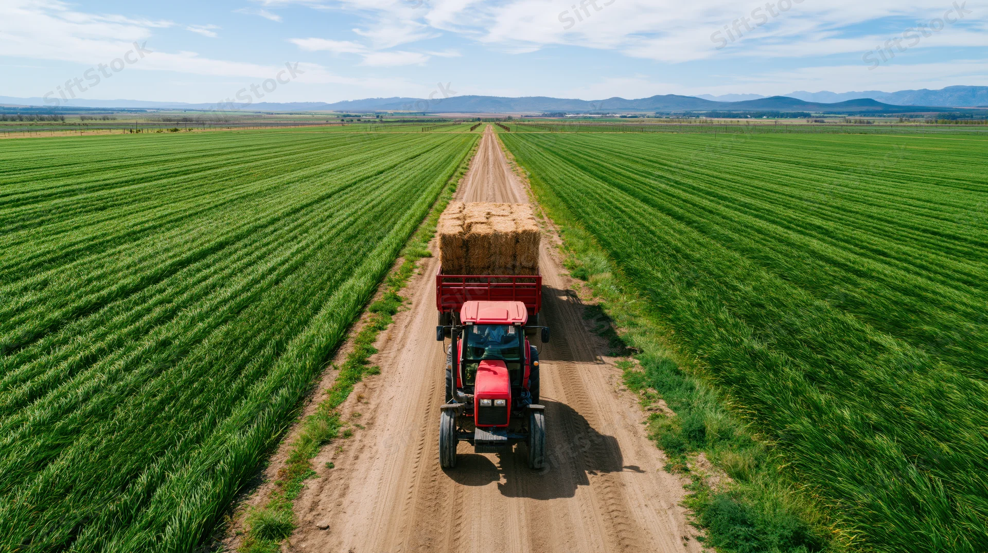 Red tractor pulling hay bales along dirt path through green crop field