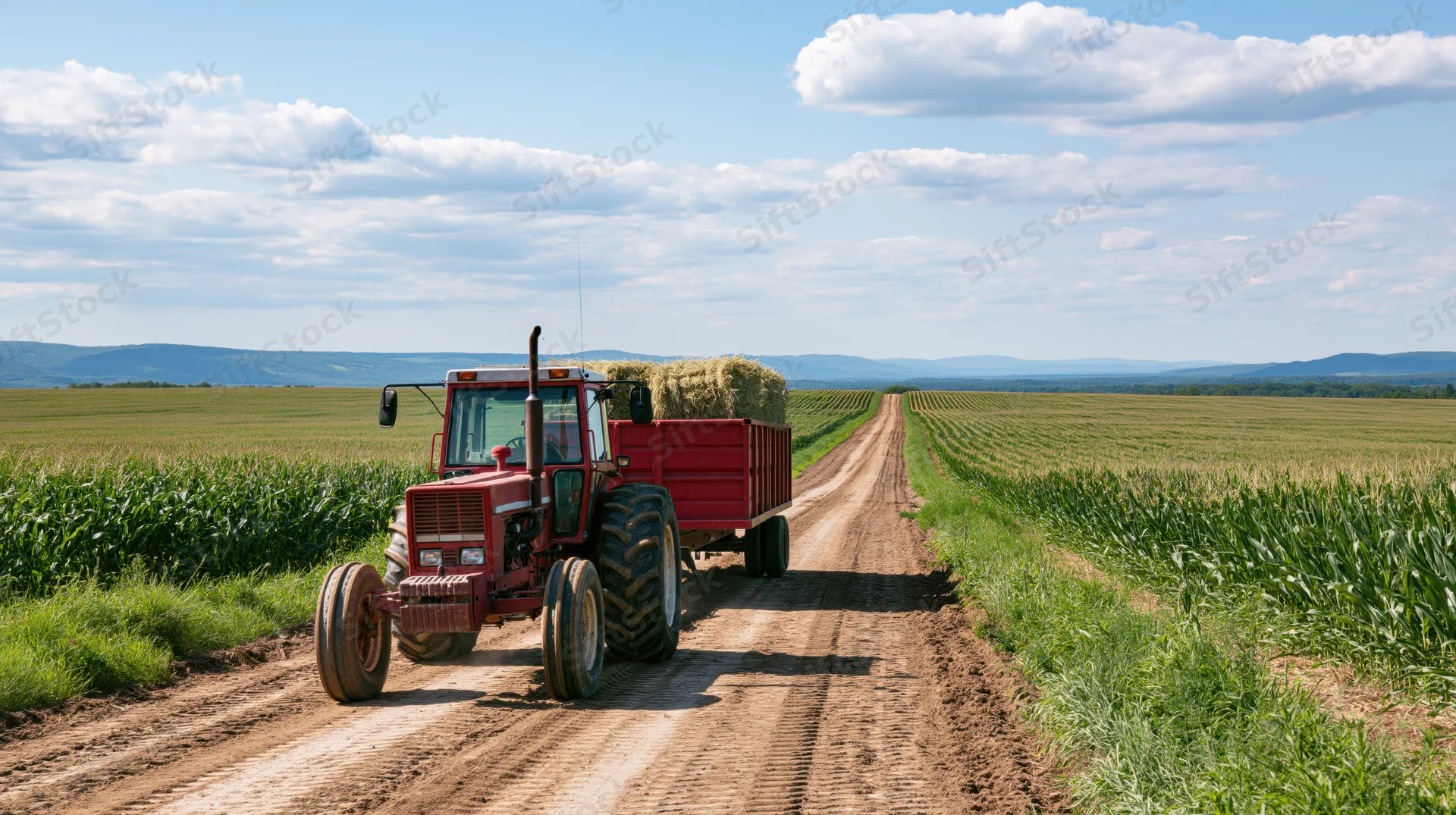 Red tractor pulling hay bales on dirt road through cornfield