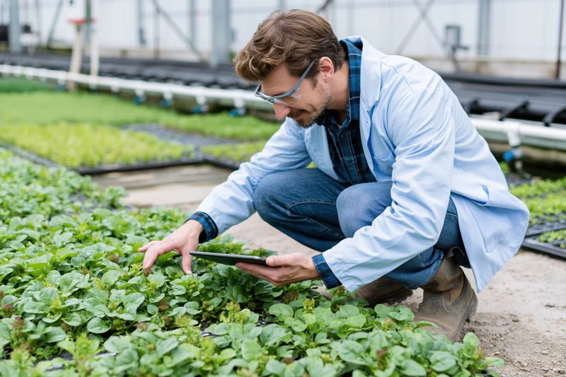 Researcher crouching to inspect plants with tablet in greenhouse