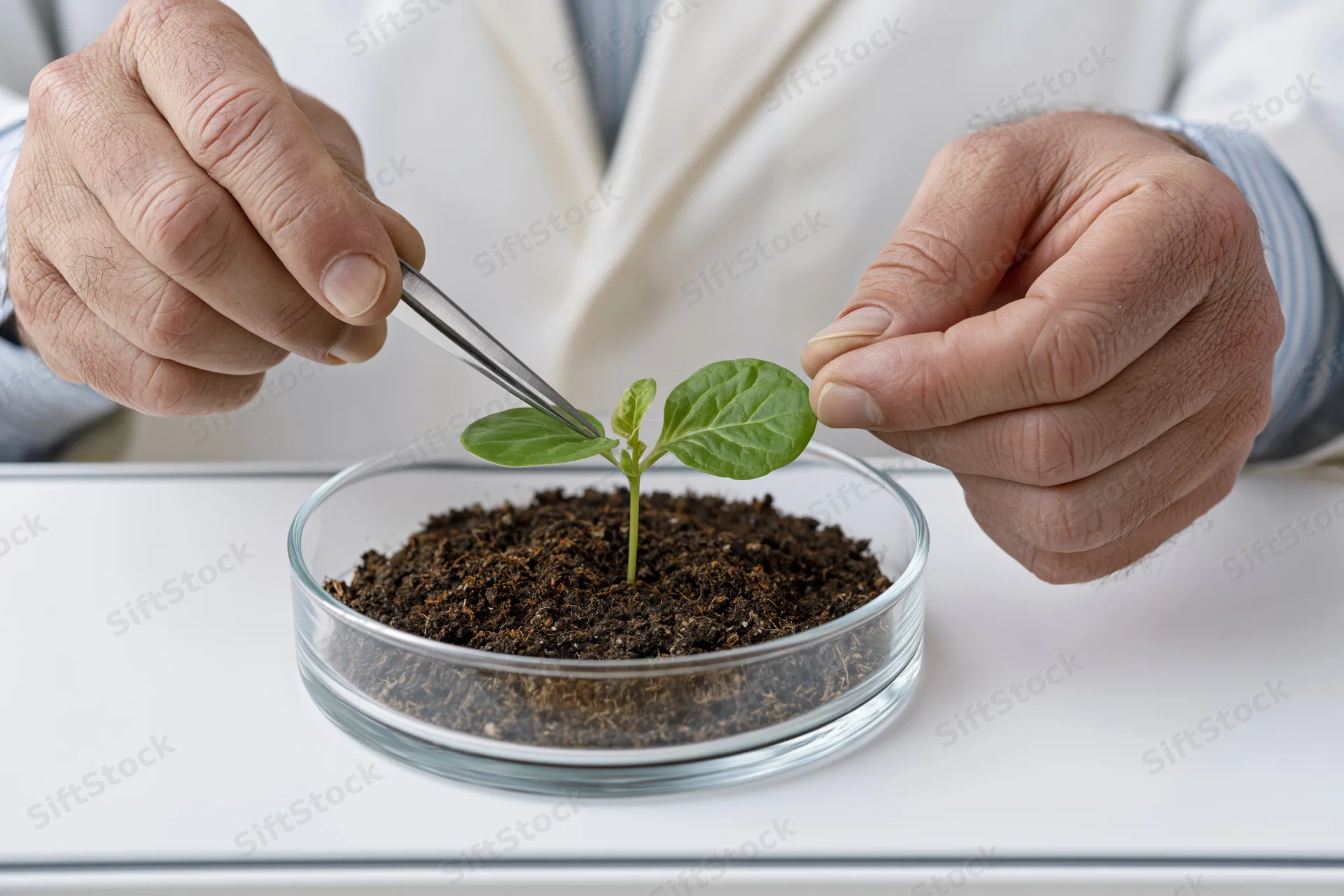 Researcher using tweezers to examine a small plant in a petri dish on a lab table