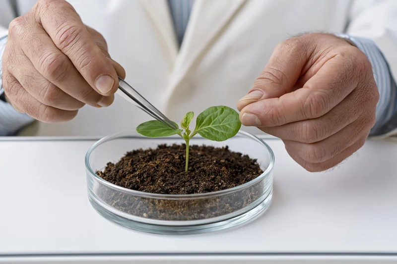 Researcher using tweezers to examine a small plant in a petri dish on a lab table