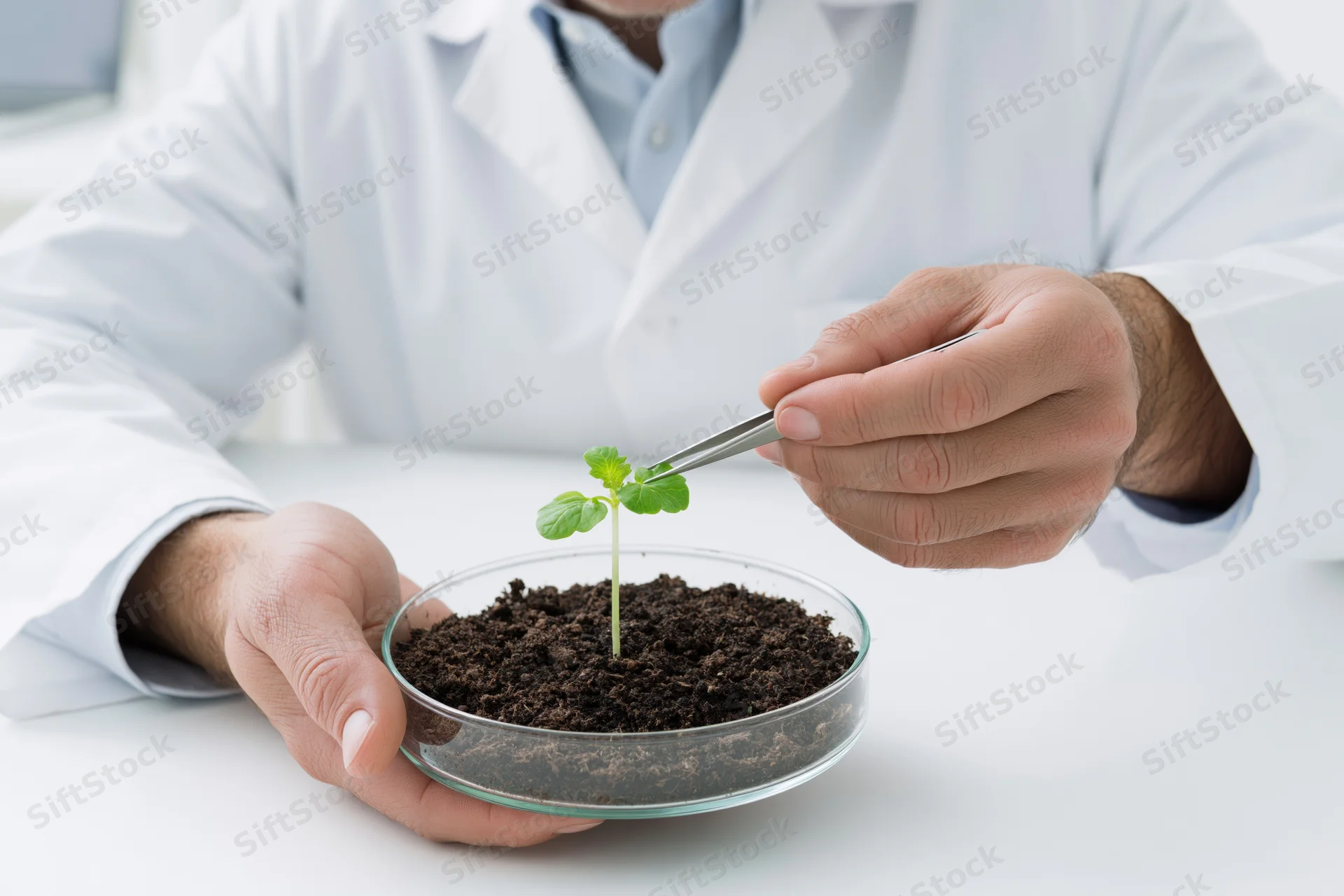 Scientist examining a young plant in a petri dish with tweezers in a lab setting