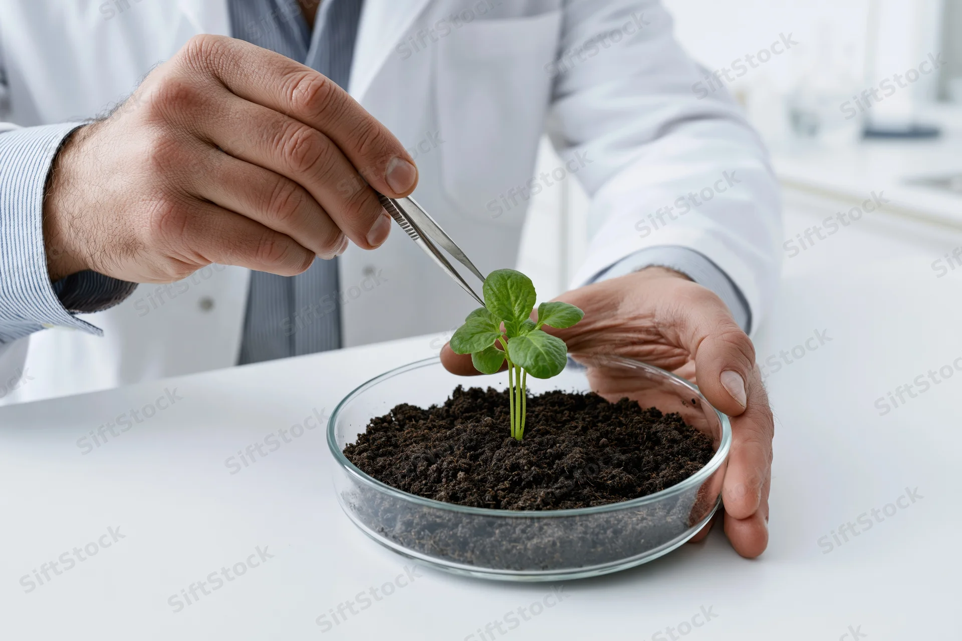 Researcher using tweezers to examine a seedling in soil within a glass bowl on a lab table