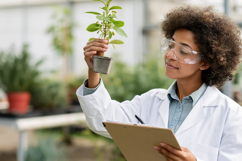 Woman in lab coat holding small potted plant while examining it with clipboard in greenhouse