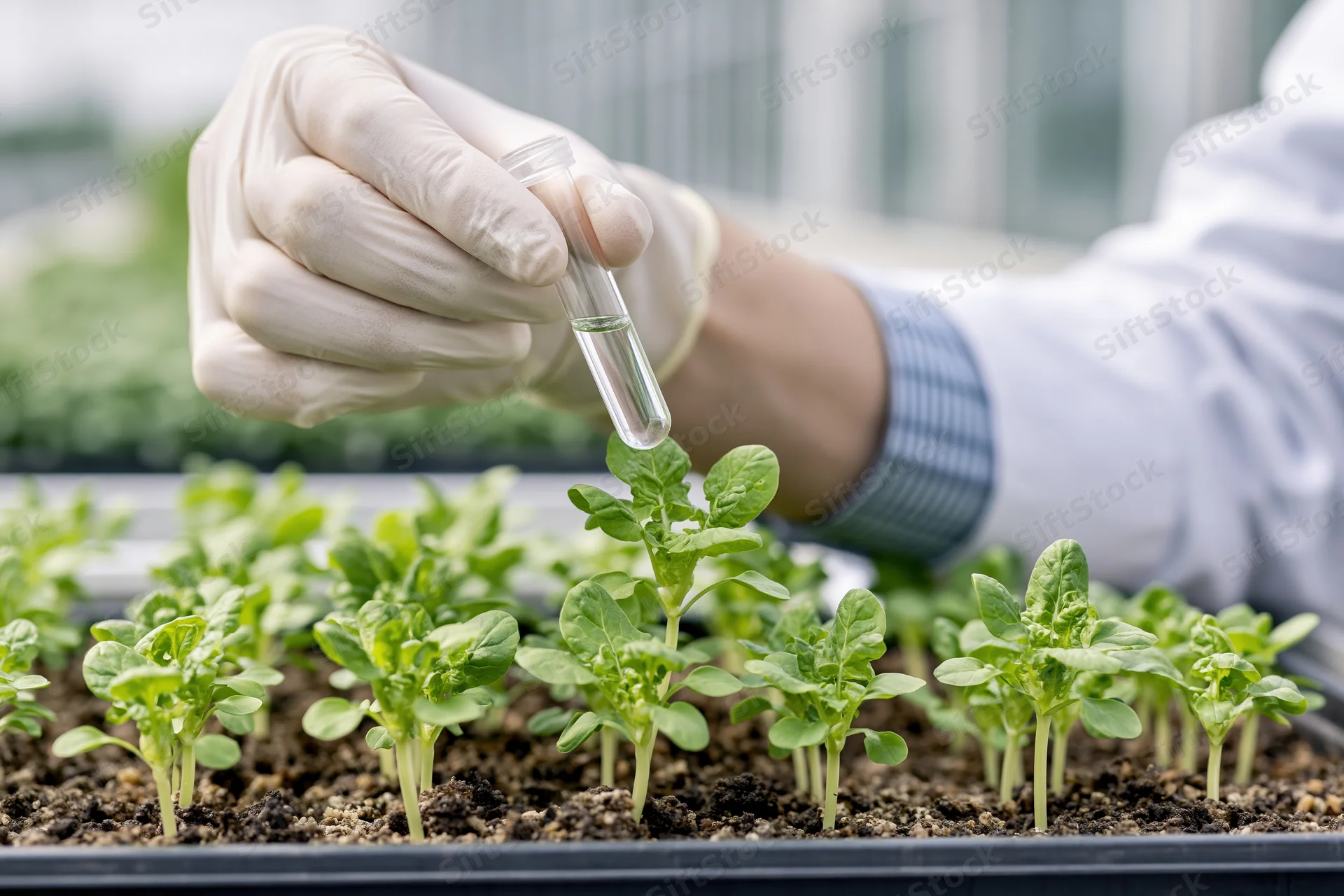Scientist holding test tube over seedlings in tray inside greenhouse