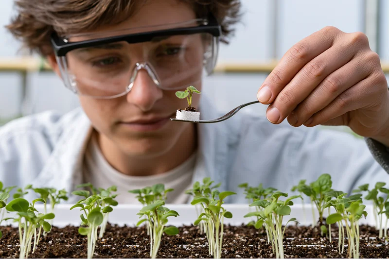 Researcher examining a seedling held on a fork above a tray of plants in a greenhouse
