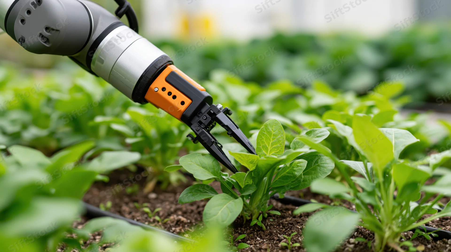 Robotic arm harvesting lettuce in a greenhouse farm
