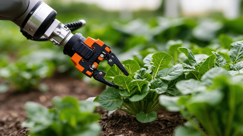 Robotic arm harvesting lettuce in a greenhouse garden