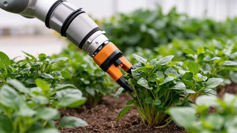 Robotic arm harvesting spinach plants in a greenhouse setting