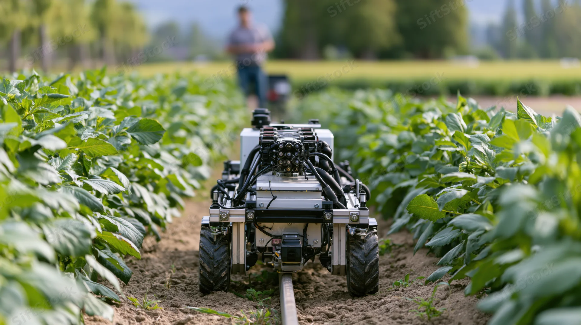Autonomous robot vehicle moving between rows of crops in a farm field