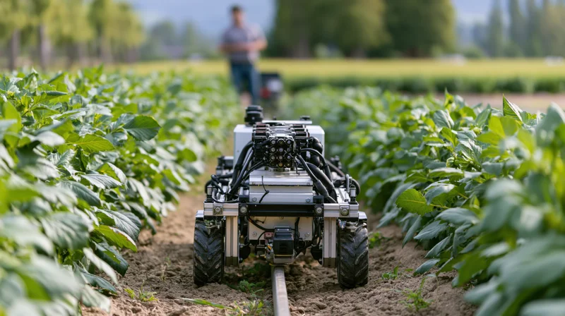 Autonomous robot vehicle moving between rows of crops in a farm field