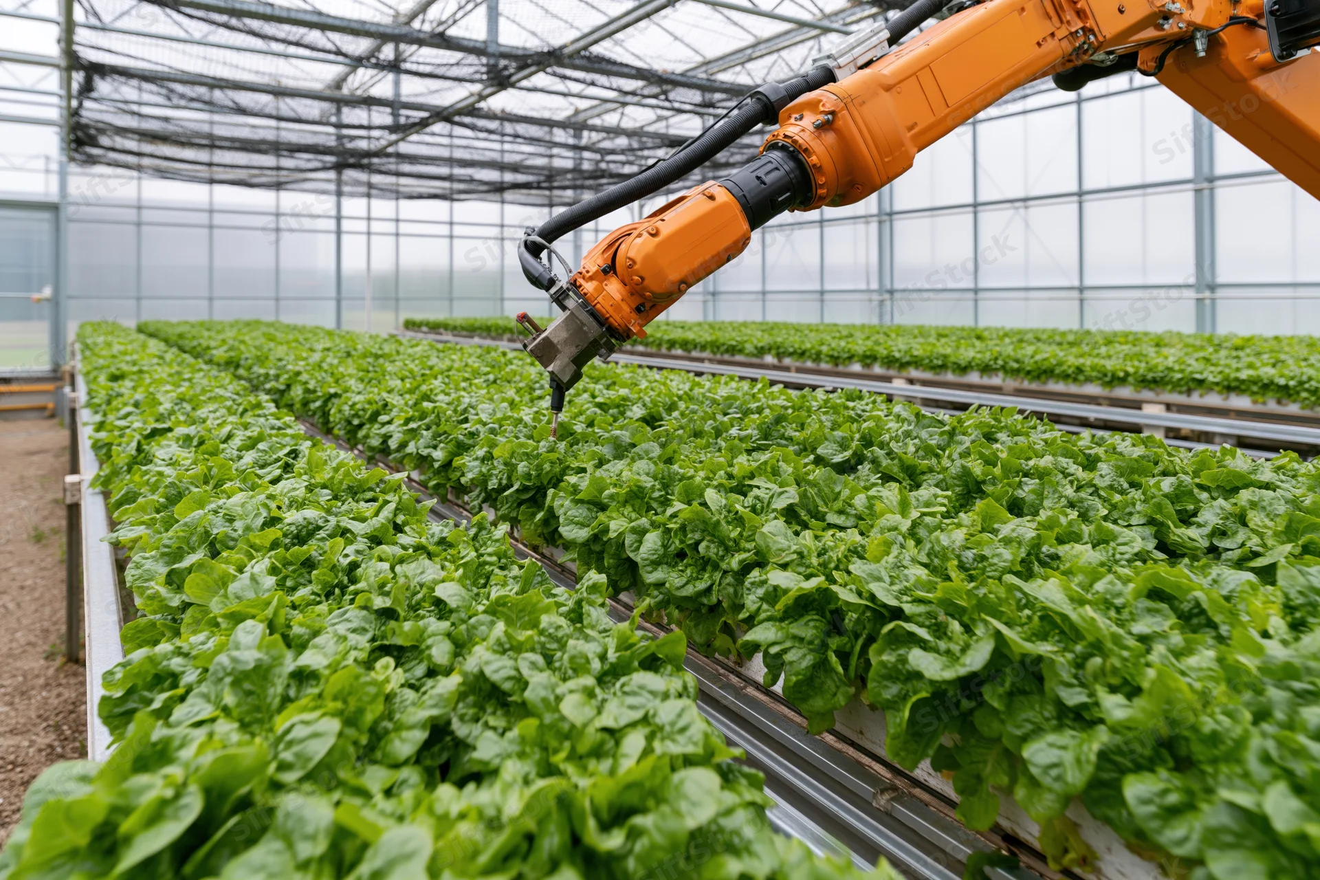 Robotic arm harvesting lettuce in a greenhouse hydroponic farm