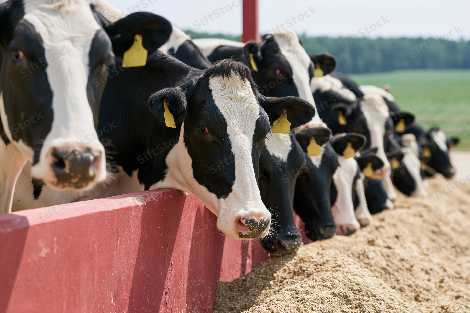 Black-and-white cows lined up at a red feeding trough on a farm