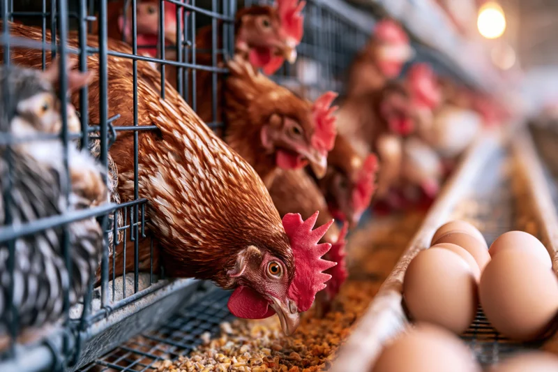 Brown hens in wire cages feeding on grain with eggs collected in tray beside them