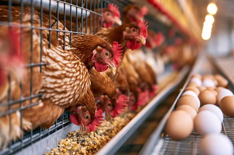 Brown hens in wire cages feeding from a trough beside a conveyor belt of eggs in a barn