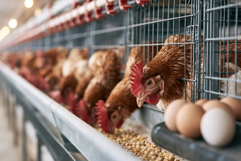 Brown hens feeding in wire cages inside a farm barn with eggs collected in a tray