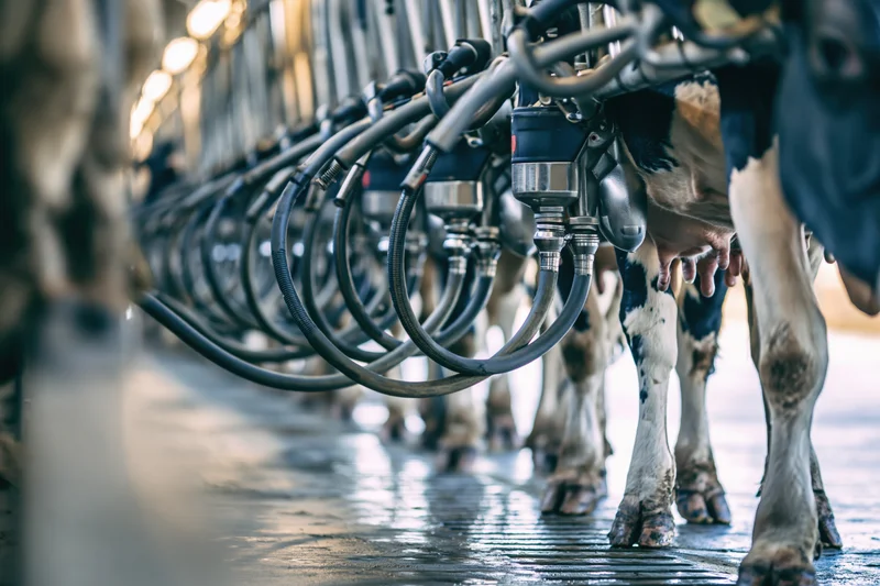 Row of cows being milked by automated machinery in a dairy farm facility