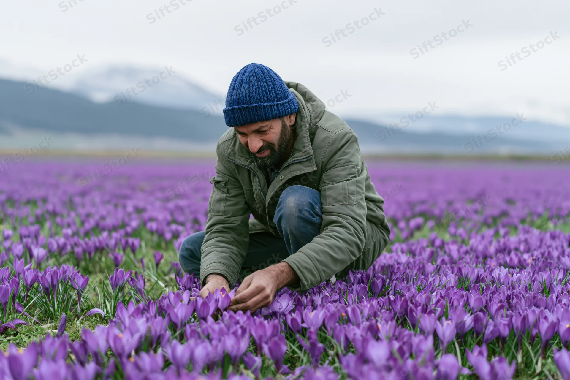 Man crouching to harvest saffron flowers in a purple field with mountains in the background