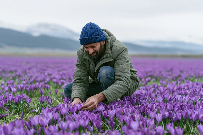 Man crouching to harvest saffron flowers in a purple field with mountains in the background